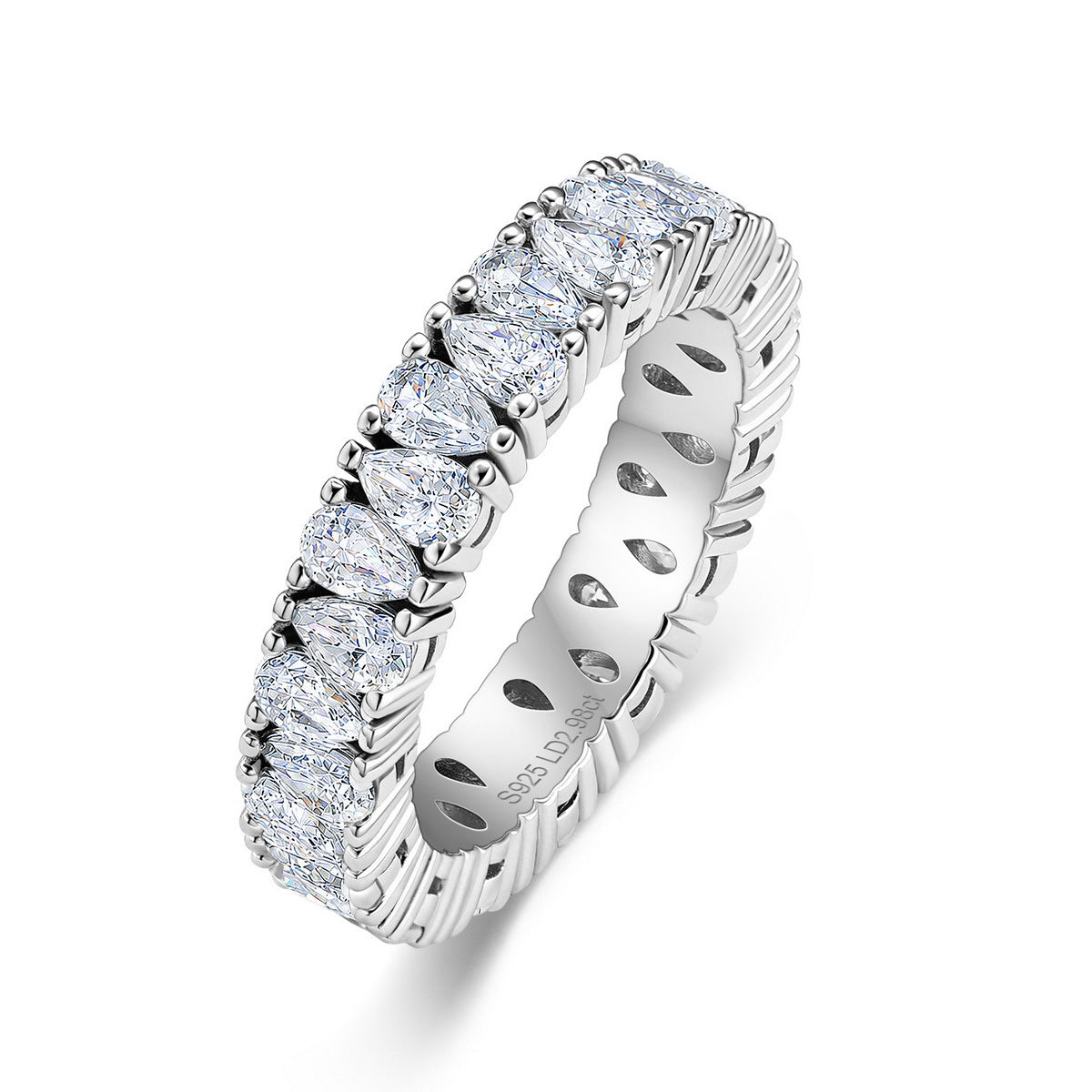 2.78 ctw pear cut lab grown diamond eternity ring in sterling silver isolated on white background