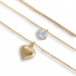 Macro, layered necklaces in 45° diagonal parallel layout, even spacing, mirror-polished gold, bright clean lighting, sharp stone brilliance, white textured background, soft shadow, ultra-detailed.