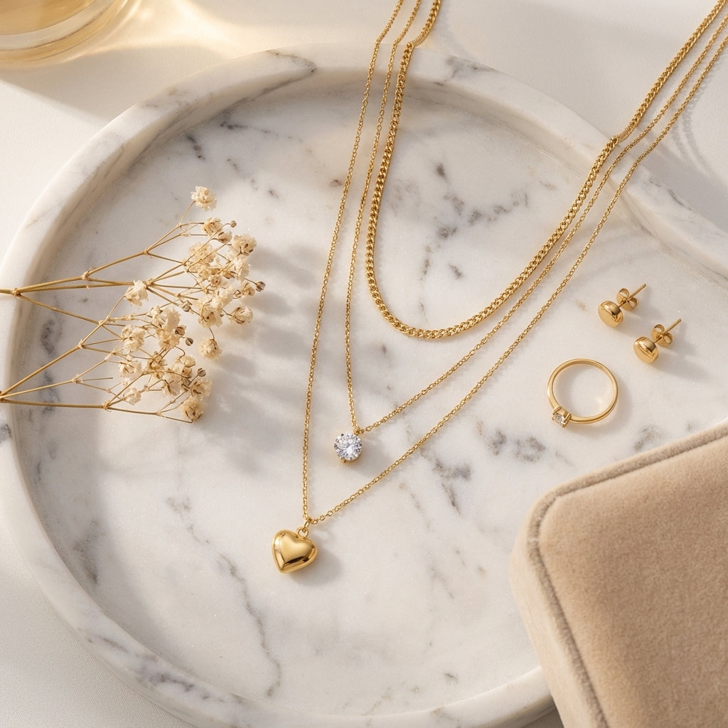 Top-down, necklaces on marble tray, styled with earrings, ring, dried flower, velvet box, warm soft tones, balanced composition, clean e-commerce aesthetic, high resolution.
