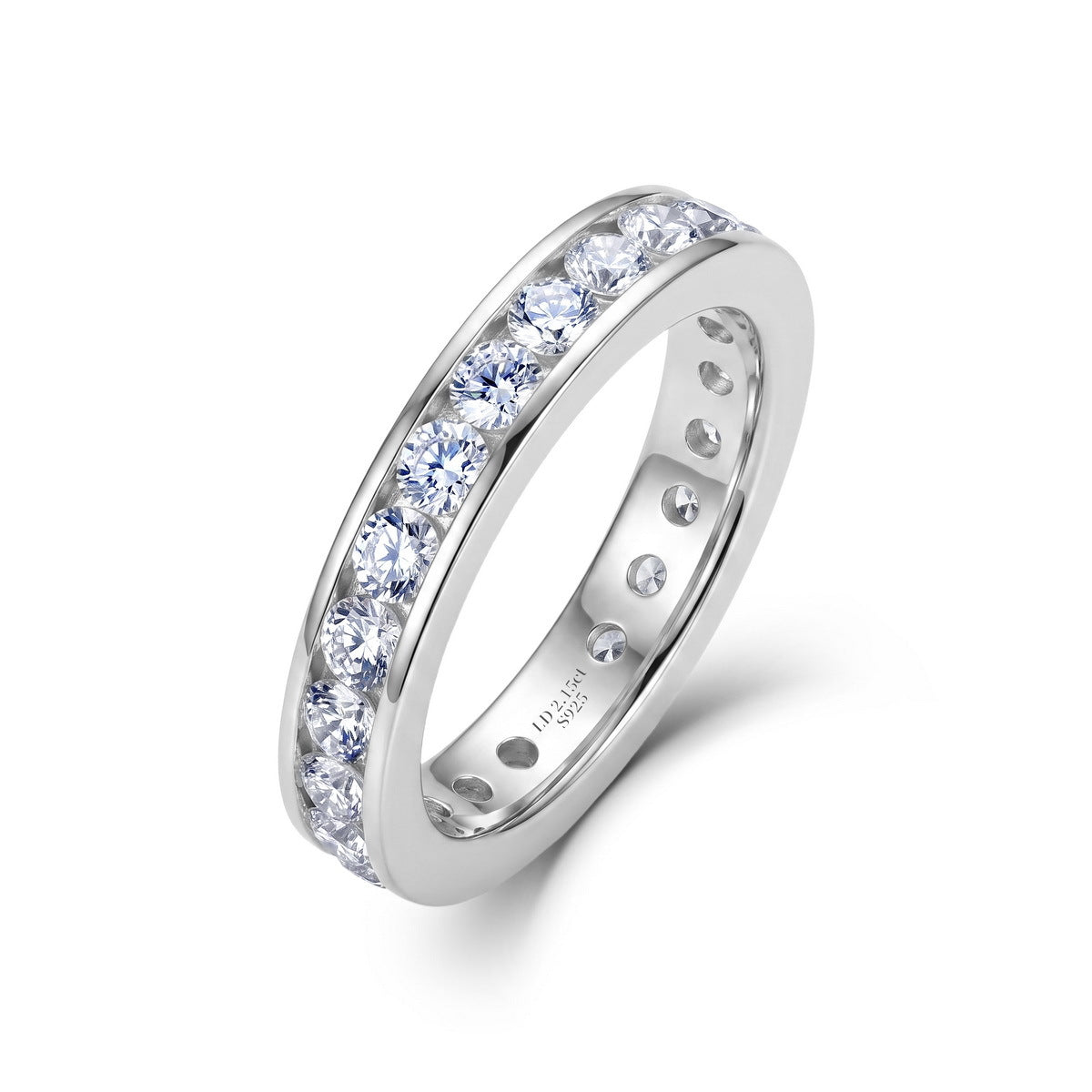 2 ctw channel set round cut lab grown diamond eternity ring in sterling silver isolated on white background