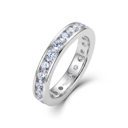 2 ctw channel set round cut lab grown diamond eternity ring in sterling silver isolated on white background