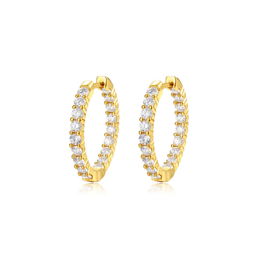 Yellow gold 2.1 CT round studs on neutral background. Alt: “2.1 CT Round Moissanite Earrings – 18K Yellow Gold.”