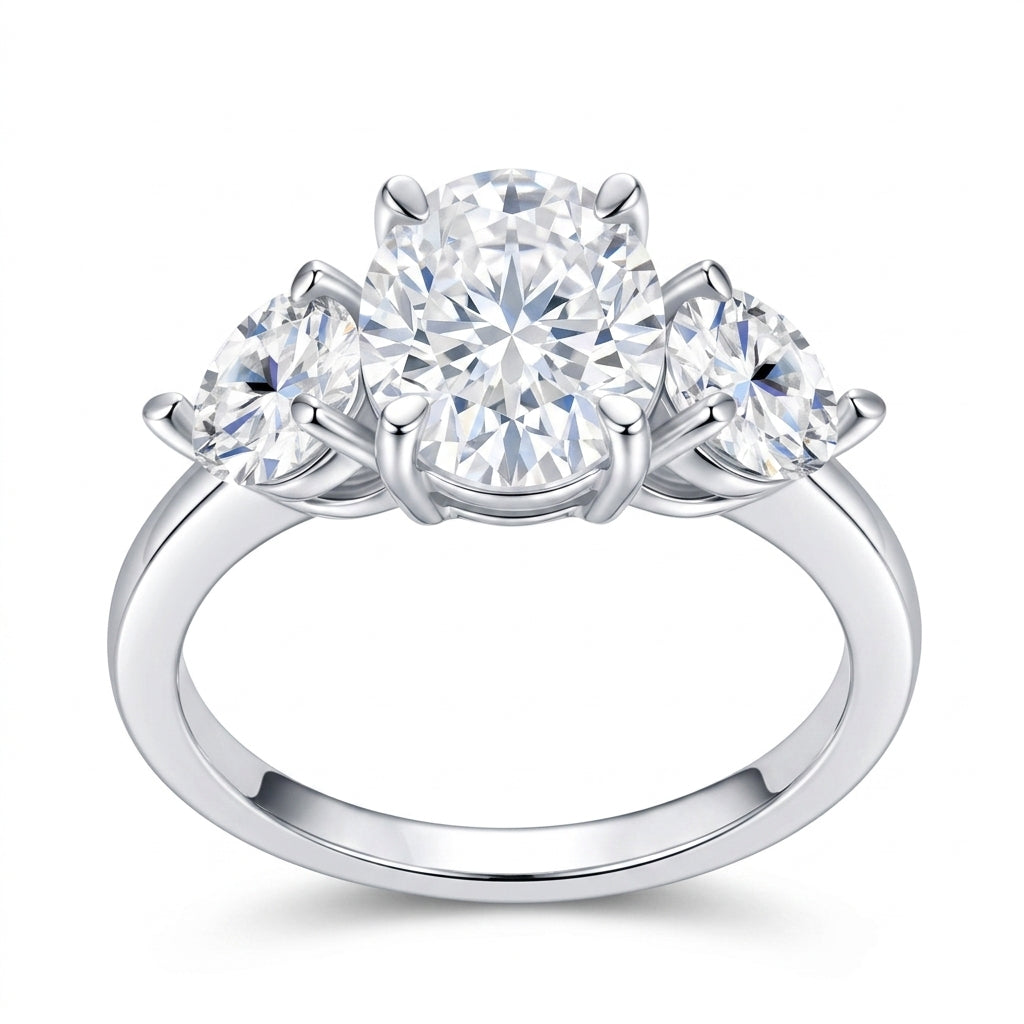 2.5ct oval cut moissanite three-stone ring with pear side stones on white background.