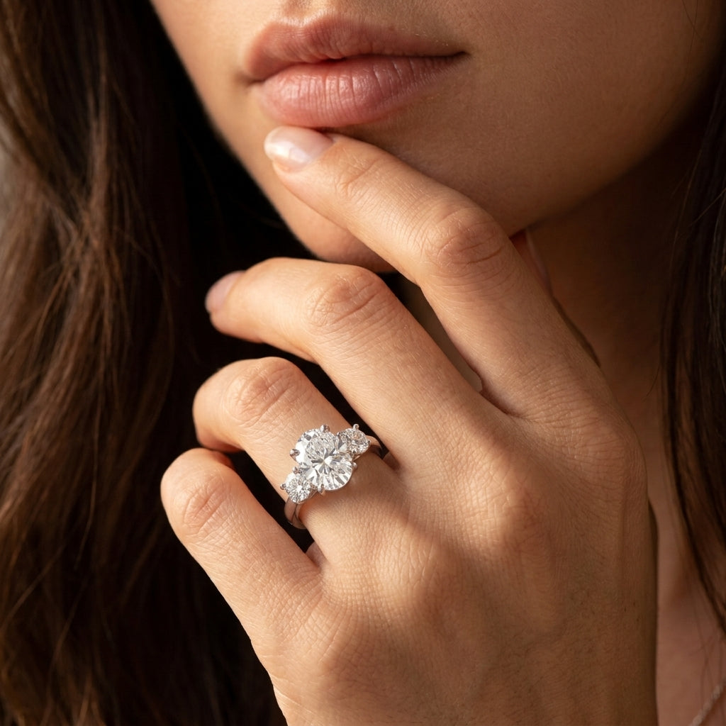 Close-up view of a model wearing 2.5ct oval cut moissanite past present future engagement ring.