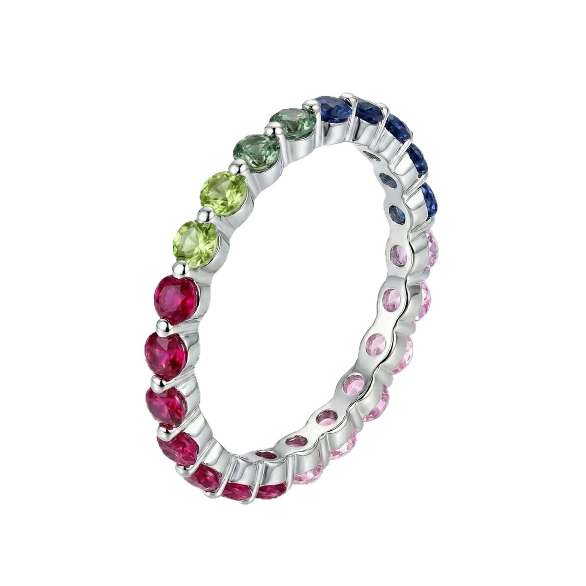Silver 2.5mm round rainbow gradient gemstone eternity band ring isolated on white background