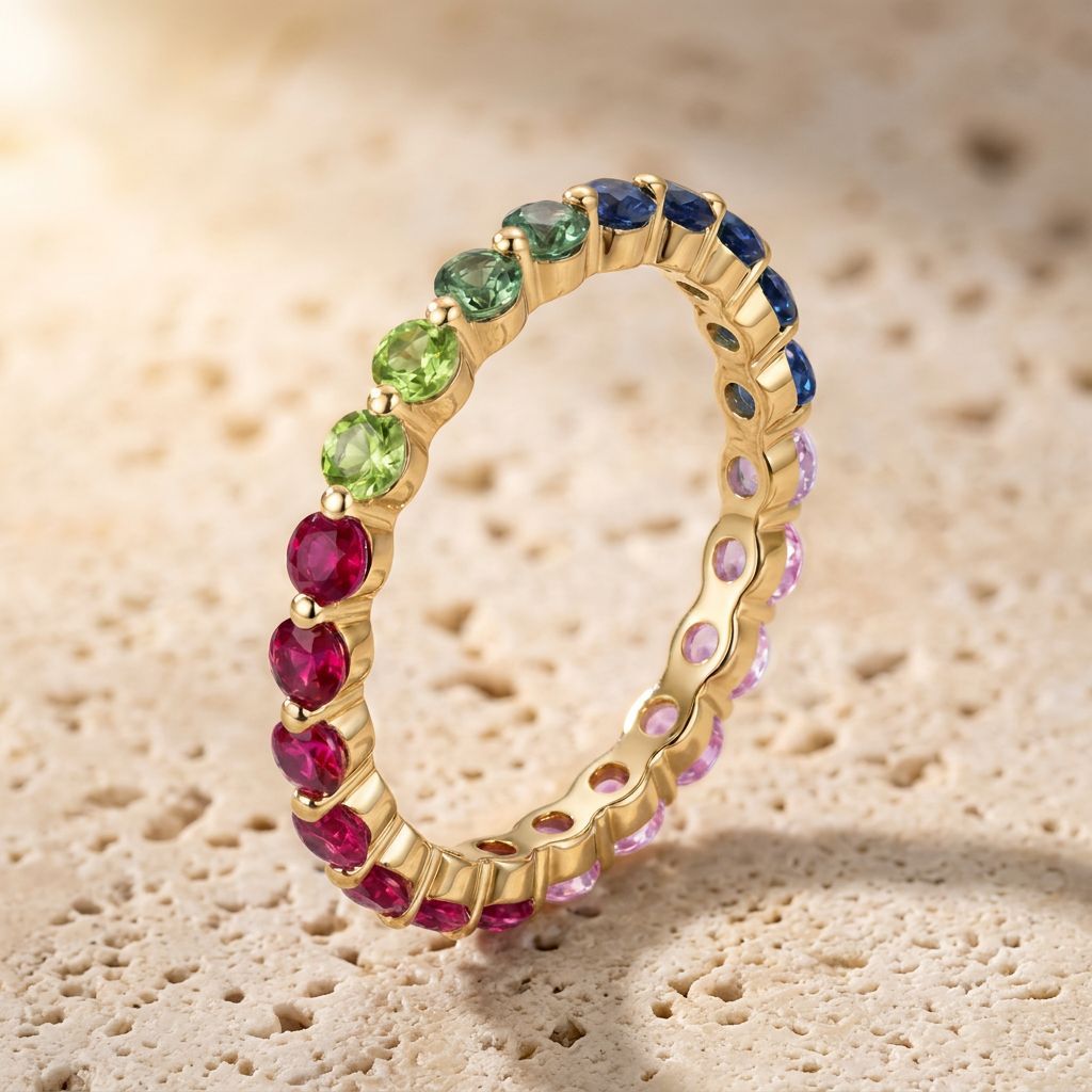 Gold 2.5mm round rainbow gradient gemstone eternity band ring standing on travertine stone surface   