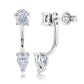 A pair of silver-toned drop earrings with a round brilliant-cut clear gemstone at the top and a pear-cut clear gemstone at the bottom, shown on a white background.