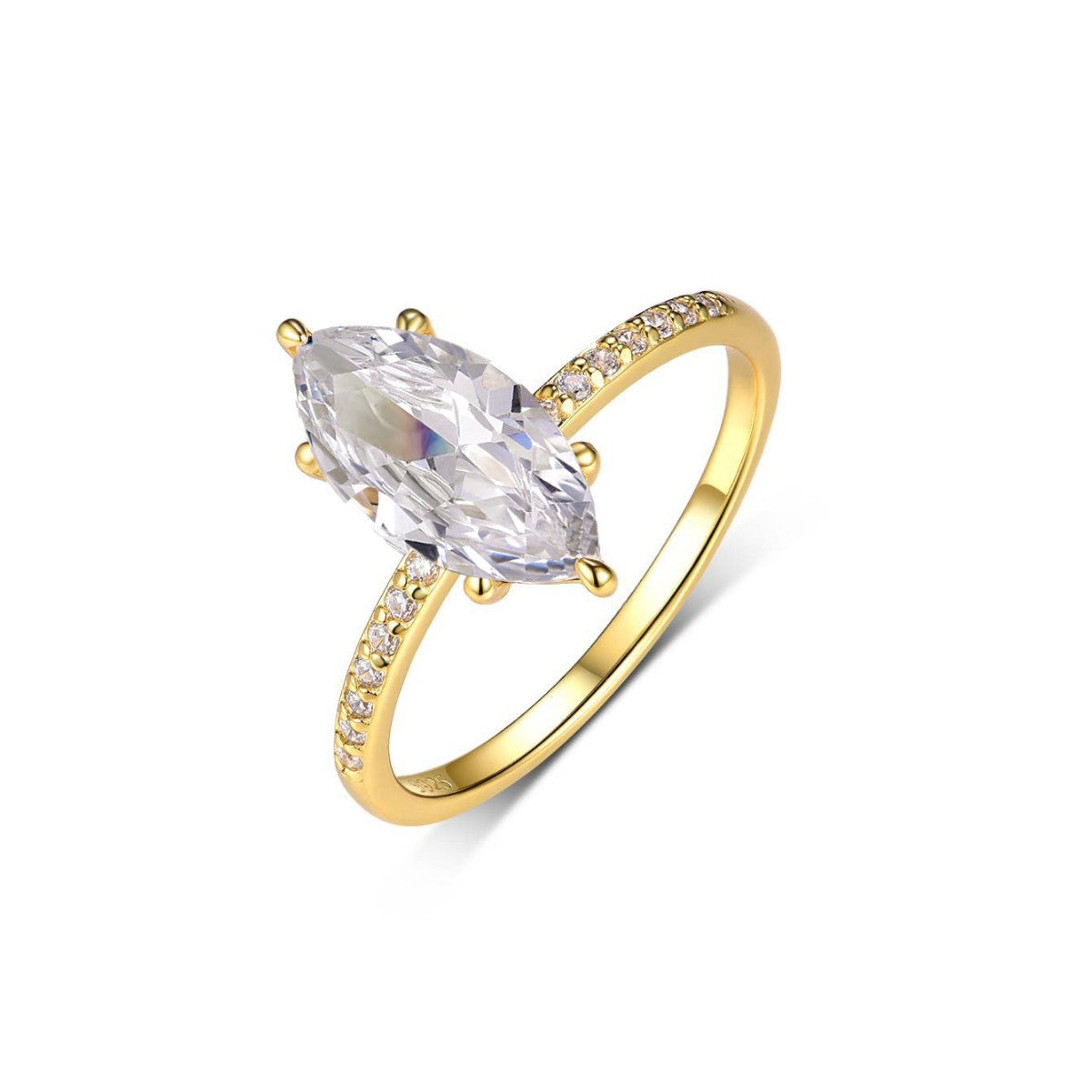  Yellow gold 2CT marquise solitaire on neutral background. Alt: “2CT Marquise Moissanite Solitaire – 18K Yellow Gold.”