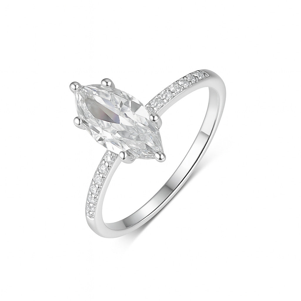  Yellow gold 2CT marquise solitaire on neutral background. Alt: “2CT Marquise Moissanite Solitaire – 18K Yellow Gold.”