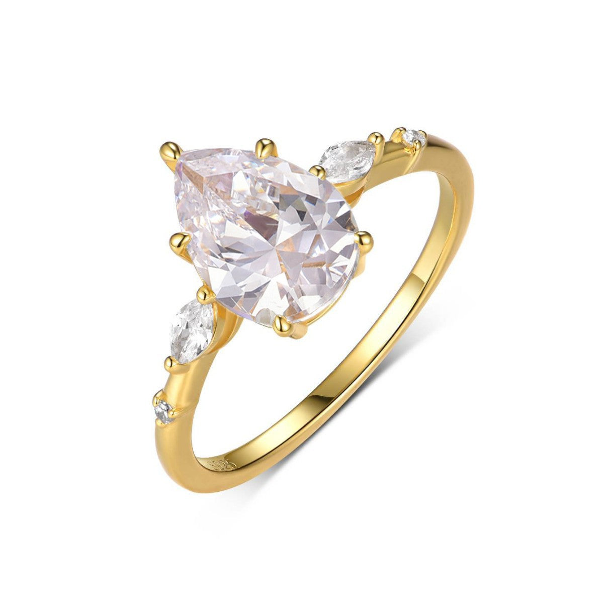  Yellow gold petal teardrop ring on soft romantic background. Alt: “2CT Petal-Shaped Teardrop Moissanite Ring – 18K Yellow Gold.”