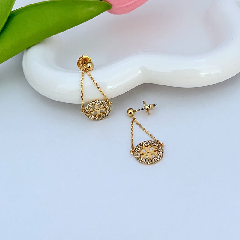 Tory Burch Dangle Chain Crystal Earrings | 18K Yellow Gold Plated