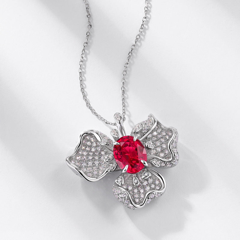 S925 Sterling Silver Ruby Flower Necklace