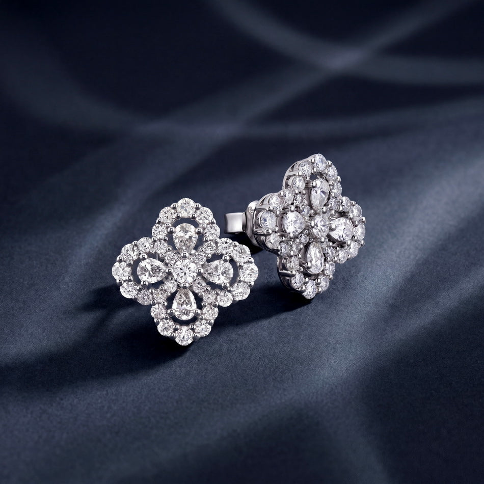 Four Leaf Clover Lab Grown Diamond Stud Earrings, Pear Cut Flower Cluster