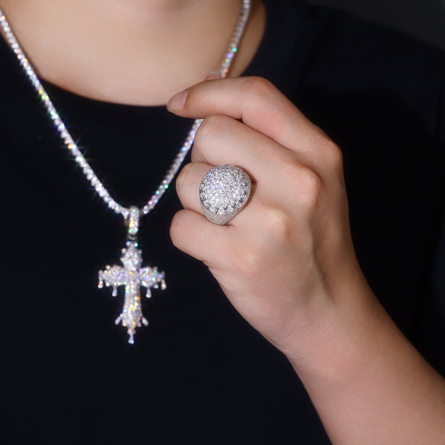 925 Sterling Silver Iced Out Moissanite Hip-Hop Dome Ring with sparkling gemstone accents and intricate design.