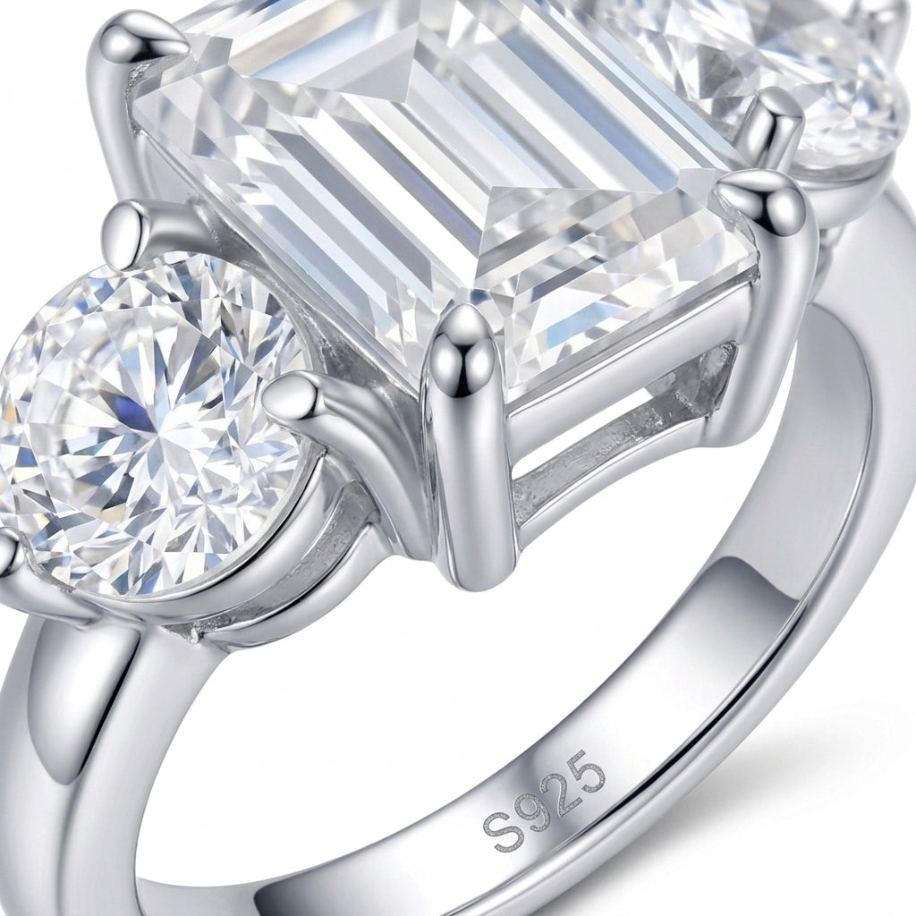 Macro view showing 4-prong basket setting, round side stones, and S925 hallmark on emerald cut moissanite ring.