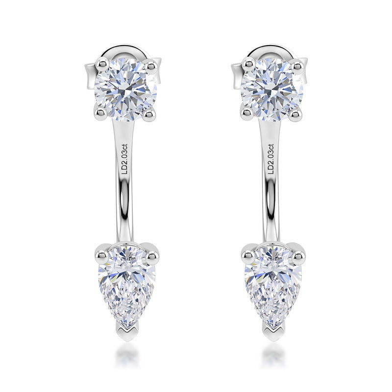 2CT lab grown diamond round and pear cut Toi et Moi front back ear jacket earrings in 925 sterling silver.