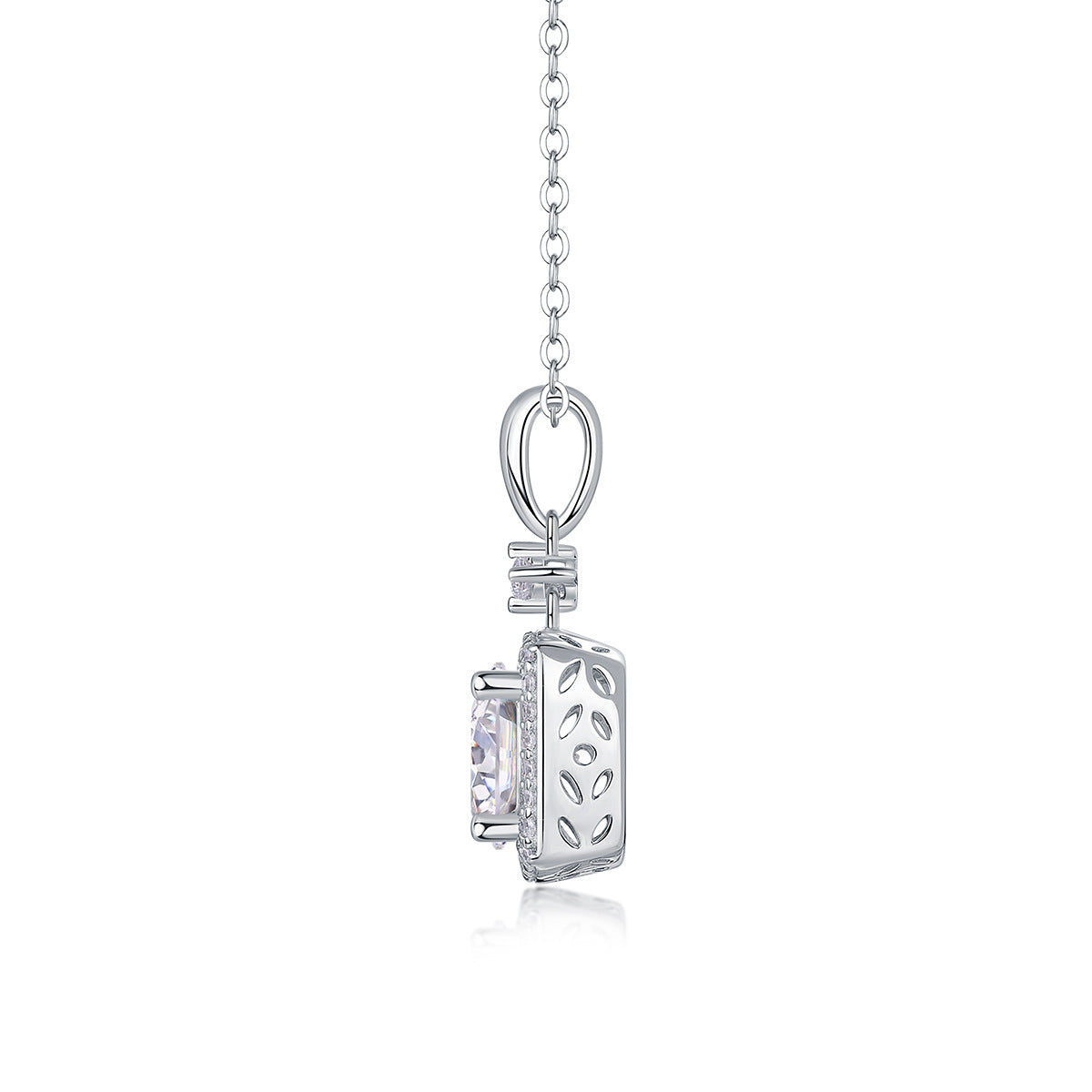 Side profile showing accent stone bail and basket gallery on 2ct cushion halo pendant.