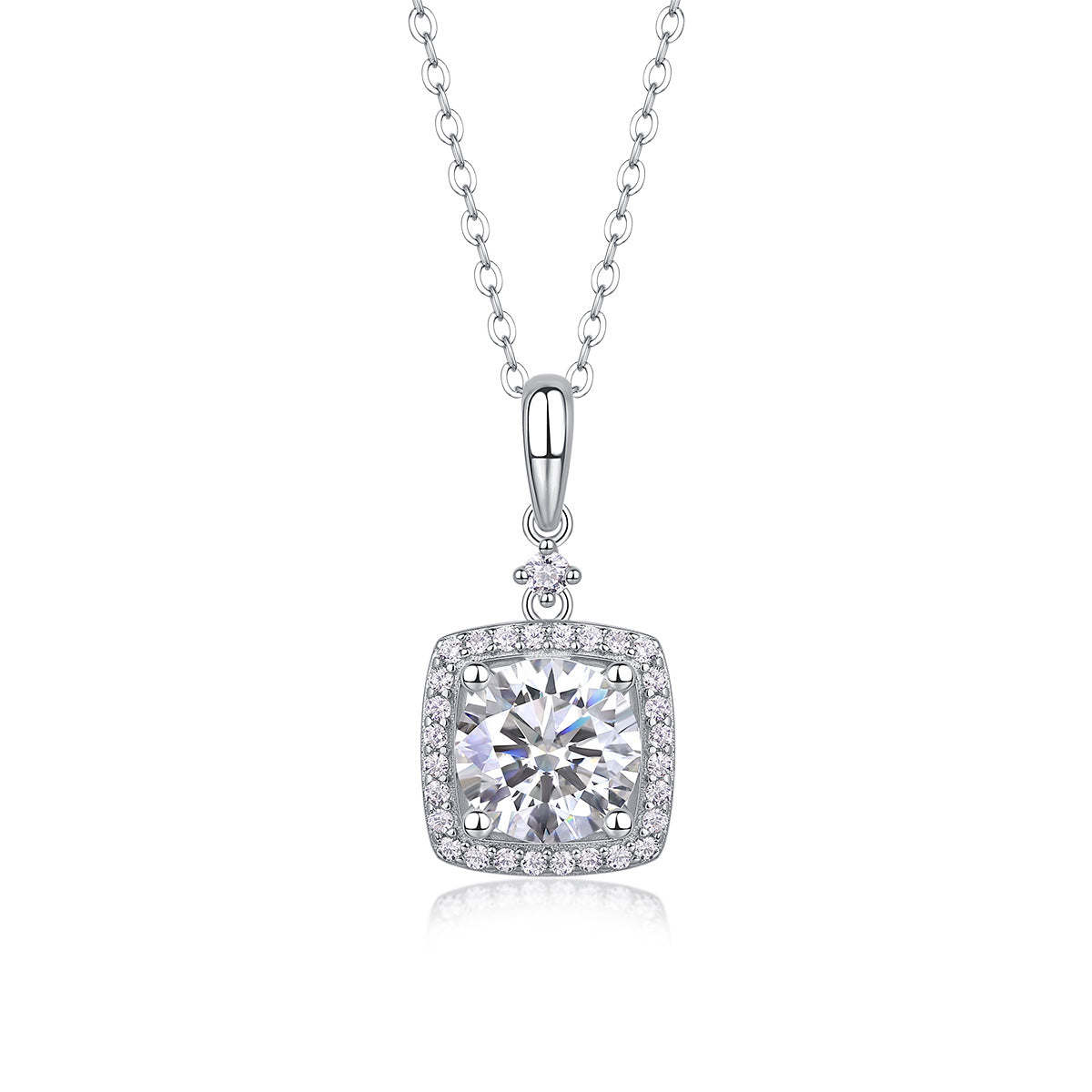 2ct round moissanite square cushion halo pendant necklace in 925 sterling silver.