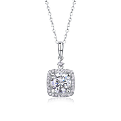 2ct round moissanite square cushion halo pendant necklace in 925 sterling silver.