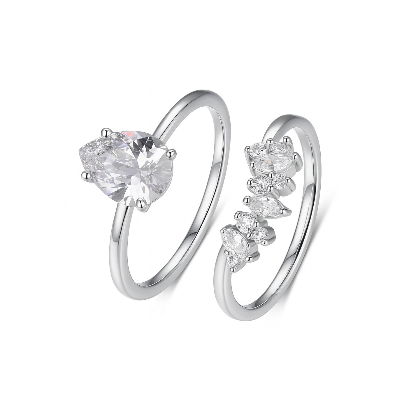 Yellow gold 2ct pear stacking set on neutral background. Alt: “2ct Drop Shape Diamond Stacking Set – 18K Yellow Gold.”