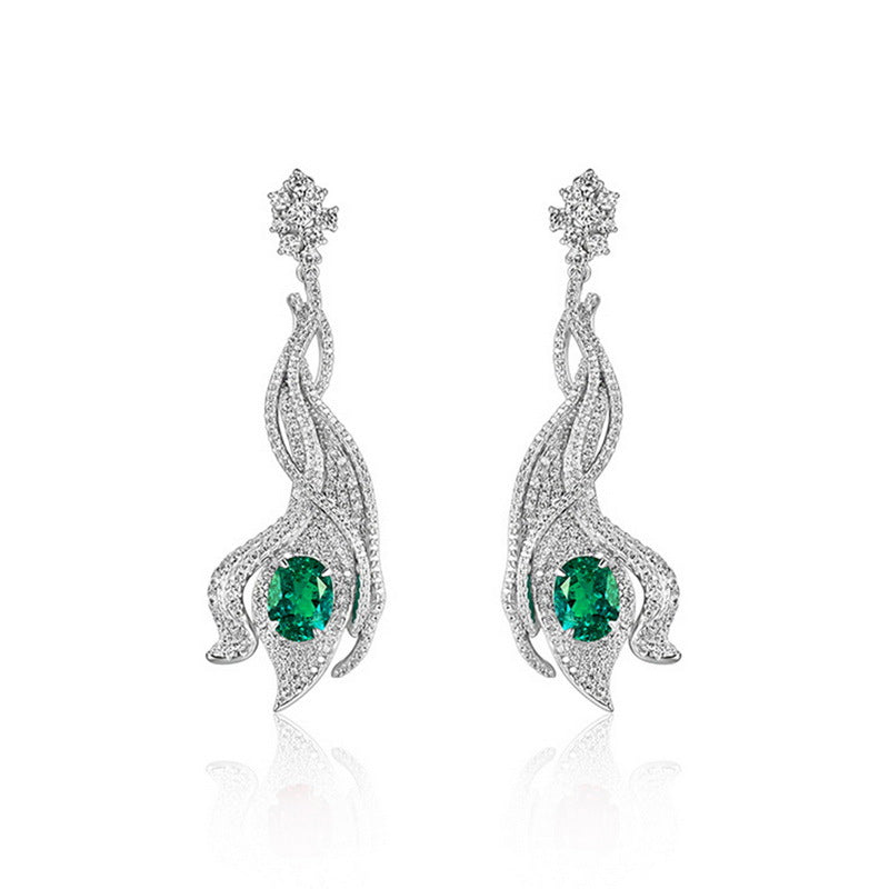 3.14ct oval-cut emerald wave earrings, sterling silver halo setting, luxury jewelry..