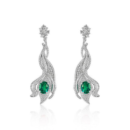 3.14ct oval-cut emerald wave earrings, sterling silver halo setting, luxury jewelry..