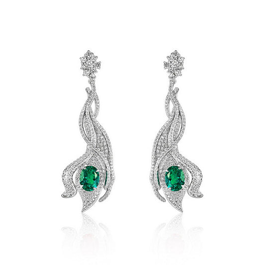 3.14ct oval-cut emerald wave earrings, sterling silver halo setting, luxury jewelry..