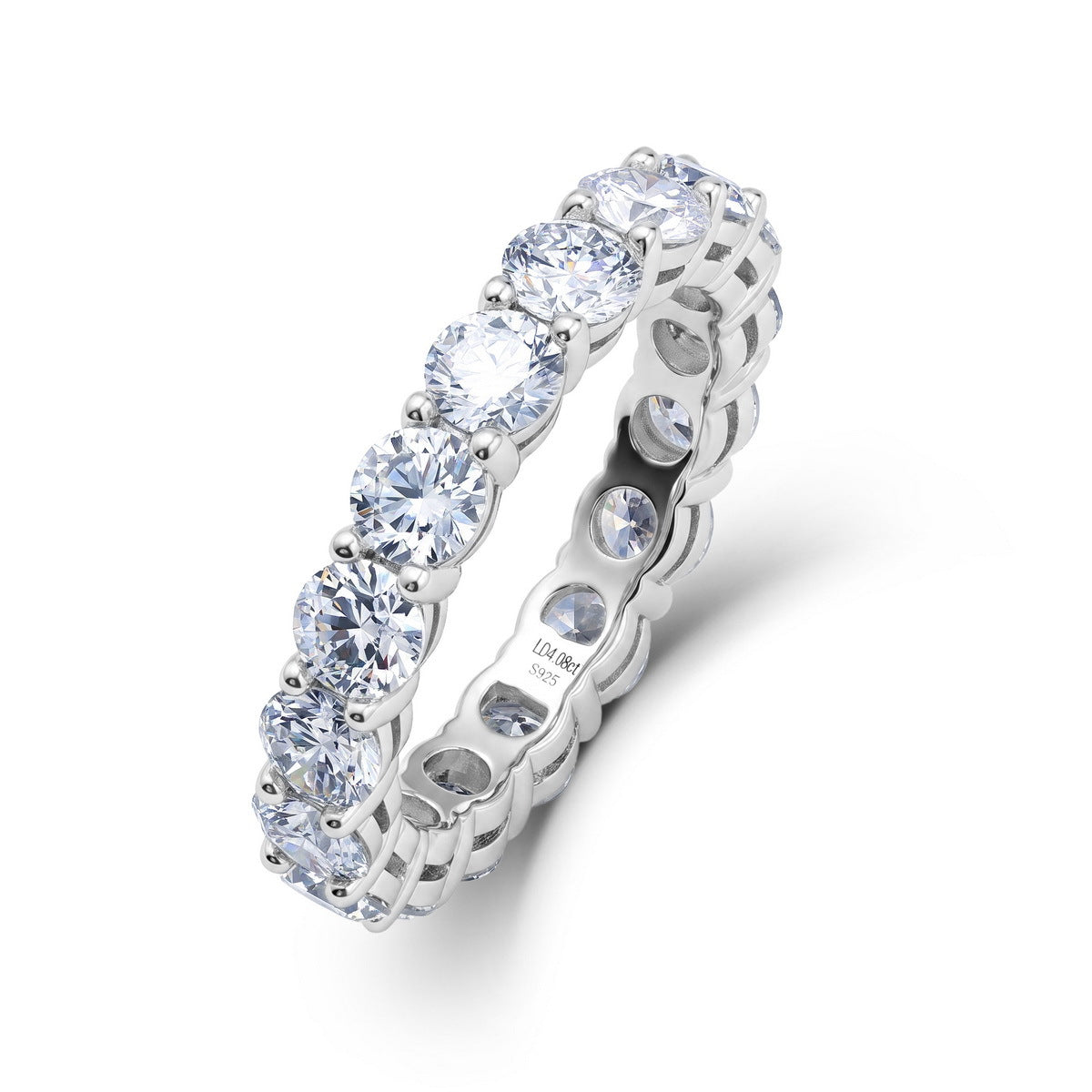 3.84 ctw round cut lab grown diamond eternity ring in sterling silver isolated on white background