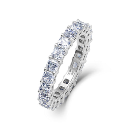 3.88 ctw asscher cut lab grown diamond eternity ring in sterling silver isolated on white background