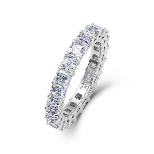 3.88 ctw asscher cut lab grown diamond eternity ring in sterling silver isolated on white background