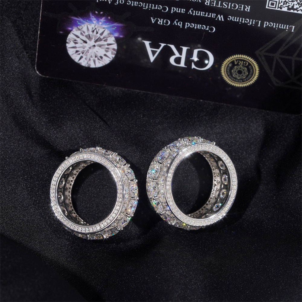 White gold cluster ring on dark background, showing full sparkle. Alt: “3-Carat Moissanite Men's Hip-Hop Cluster Ring – 18K White Gold.”