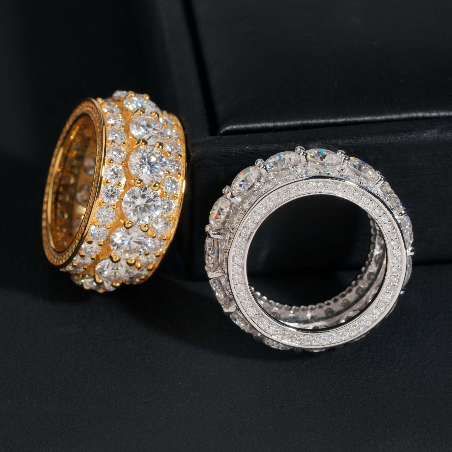 White gold cluster ring on dark background, showing full sparkle. Alt: “3-Carat Moissanite Men's Hip-Hop Cluster Ring – 18K White Gold.”