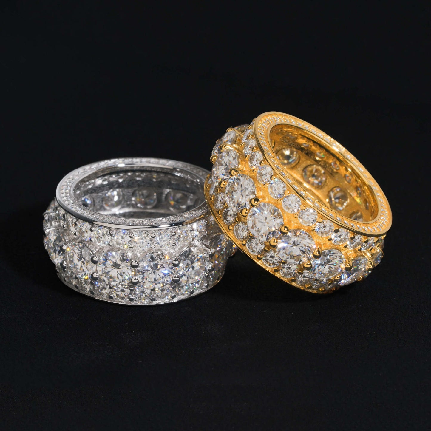 White gold cluster ring on dark background, showing full sparkle. Alt: “3-Carat Moissanite Men's Hip-Hop Cluster Ring – 18K White Gold.”