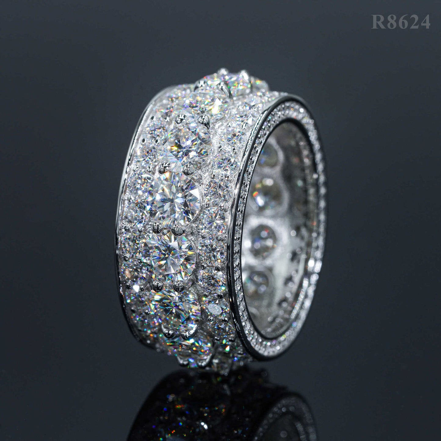 White gold cluster ring on dark background, showing full sparkle. Alt: “3-Carat Moissanite Men's Hip-Hop Cluster Ring – 18K White Gold.”