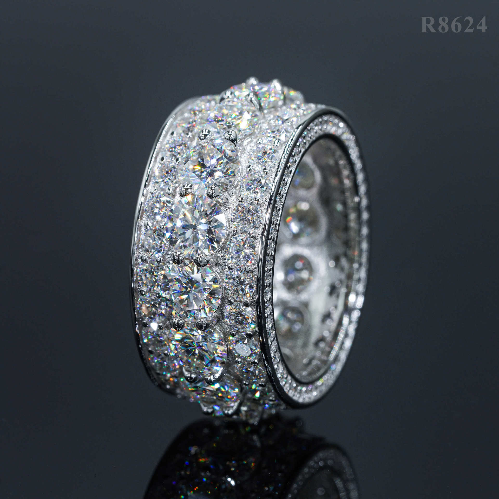 White gold cluster ring on dark background, showing full sparkle. Alt: “3-Carat Moissanite Men's Hip-Hop Cluster Ring – 18K White Gold.”