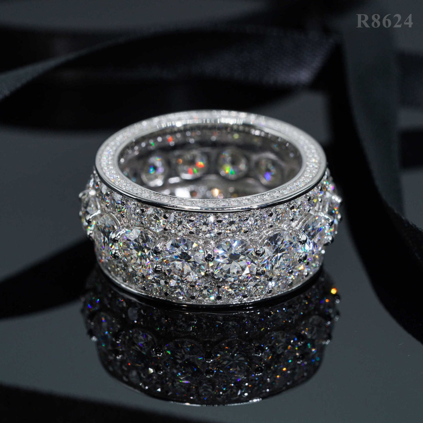 White gold cluster ring on dark background, showing full sparkle. Alt: “3-Carat Moissanite Men's Hip-Hop Cluster Ring – 18K White Gold.”