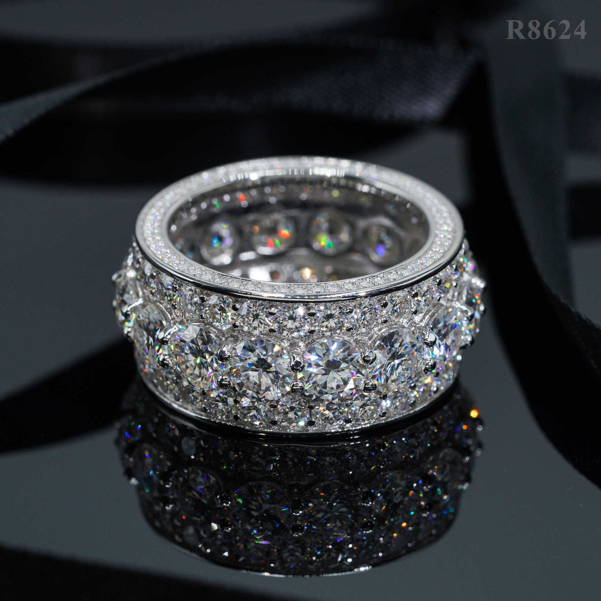 White gold cluster ring on dark background, showing full sparkle. Alt: “3-Carat Moissanite Men's Hip-Hop Cluster Ring – 18K White Gold.”