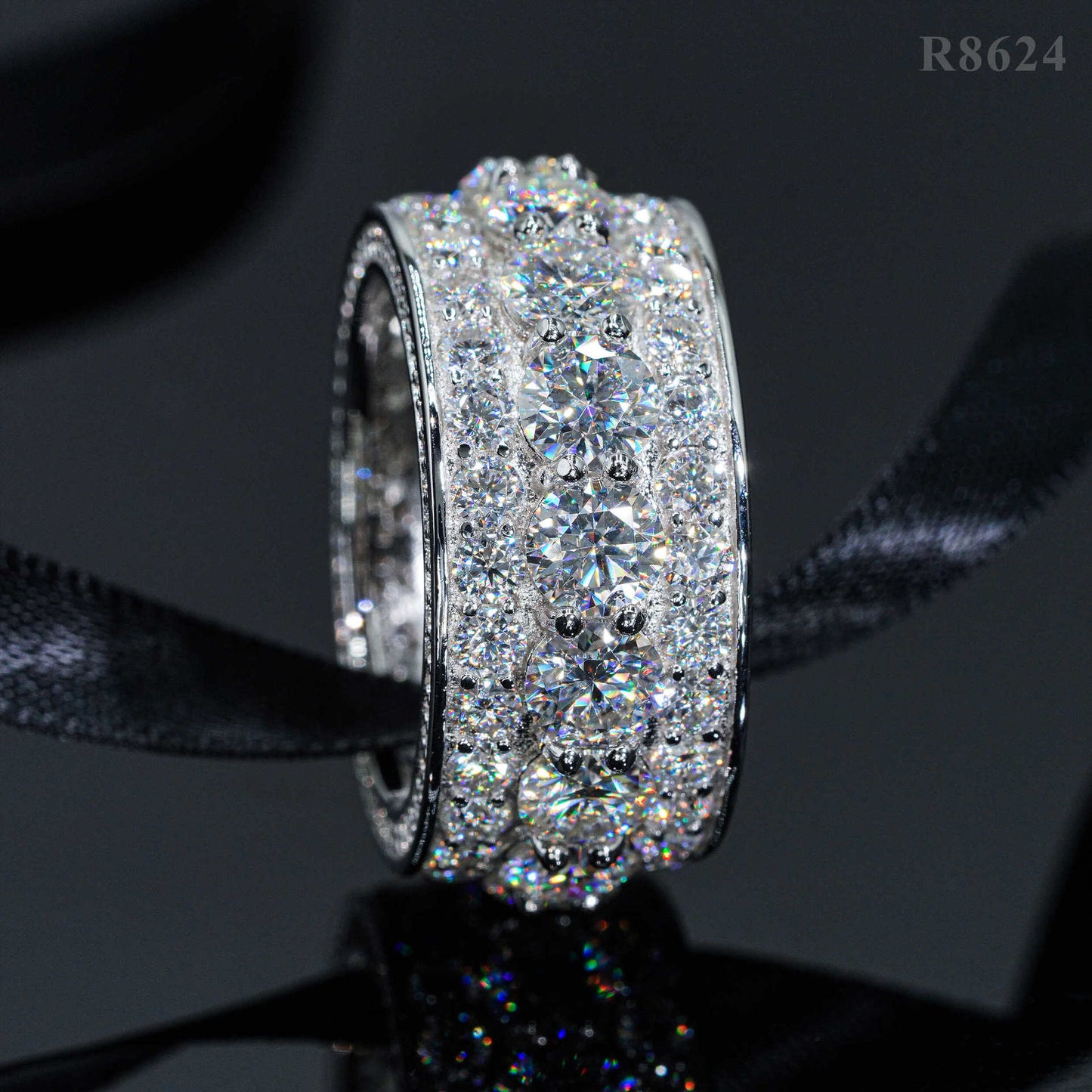 White gold cluster ring on dark background, showing full sparkle. Alt: “3-Carat Moissanite Men's Hip-Hop Cluster Ring – 18K White Gold.”