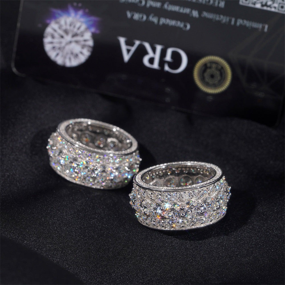 White gold cluster ring on dark background, showing full sparkle. Alt: “3-Carat Moissanite Men's Hip-Hop Cluster Ring – 18K White Gold.”