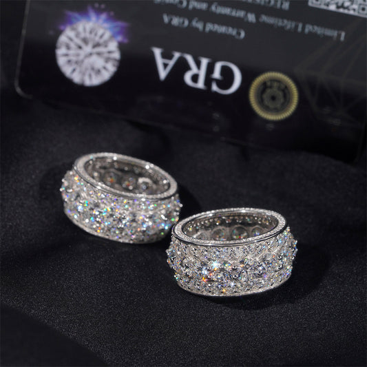 White gold cluster ring on dark background, showing full sparkle. Alt: “3-Carat Moissanite Men's Hip-Hop Cluster Ring – 18K White Gold.”