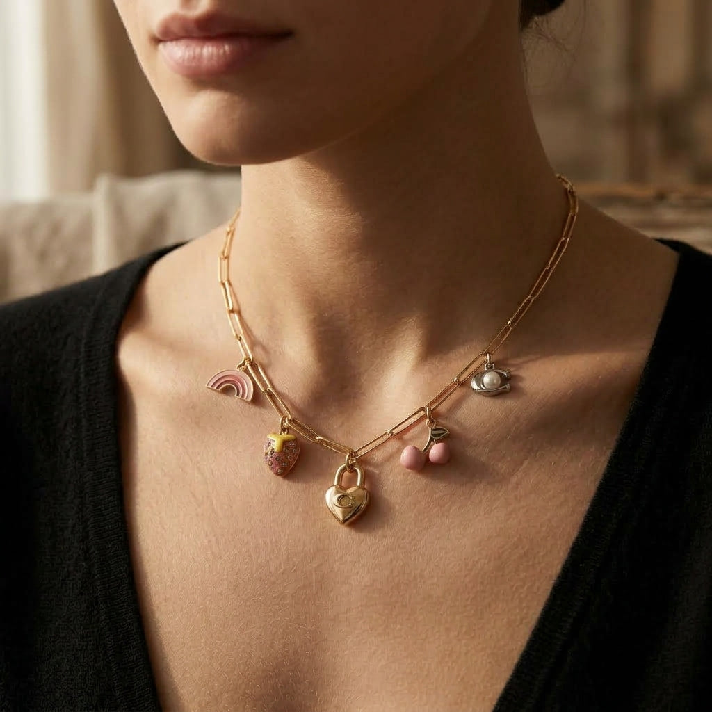 COACH Strawberry & Heart Multi-Charm Gold-Tone Chain Necklace