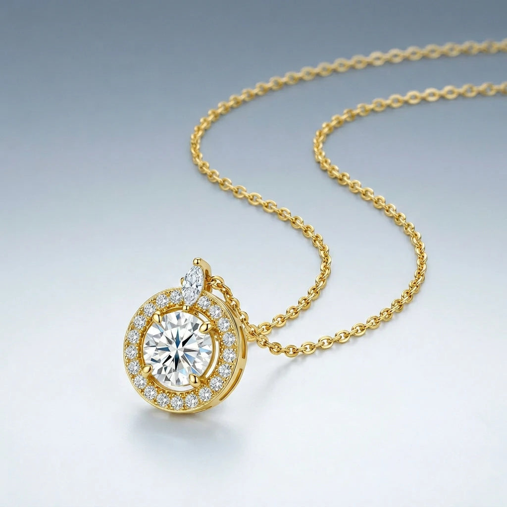 Gold Round Moissanite Halo Solitaire Pendant Necklace