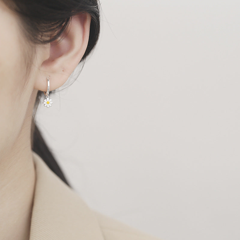 Sterling Silver Enamel Daisy Huggie Hoops | Dainty Daisy Dangle Earrings | Silver Floral Hoop Jewelry - Zerra 
