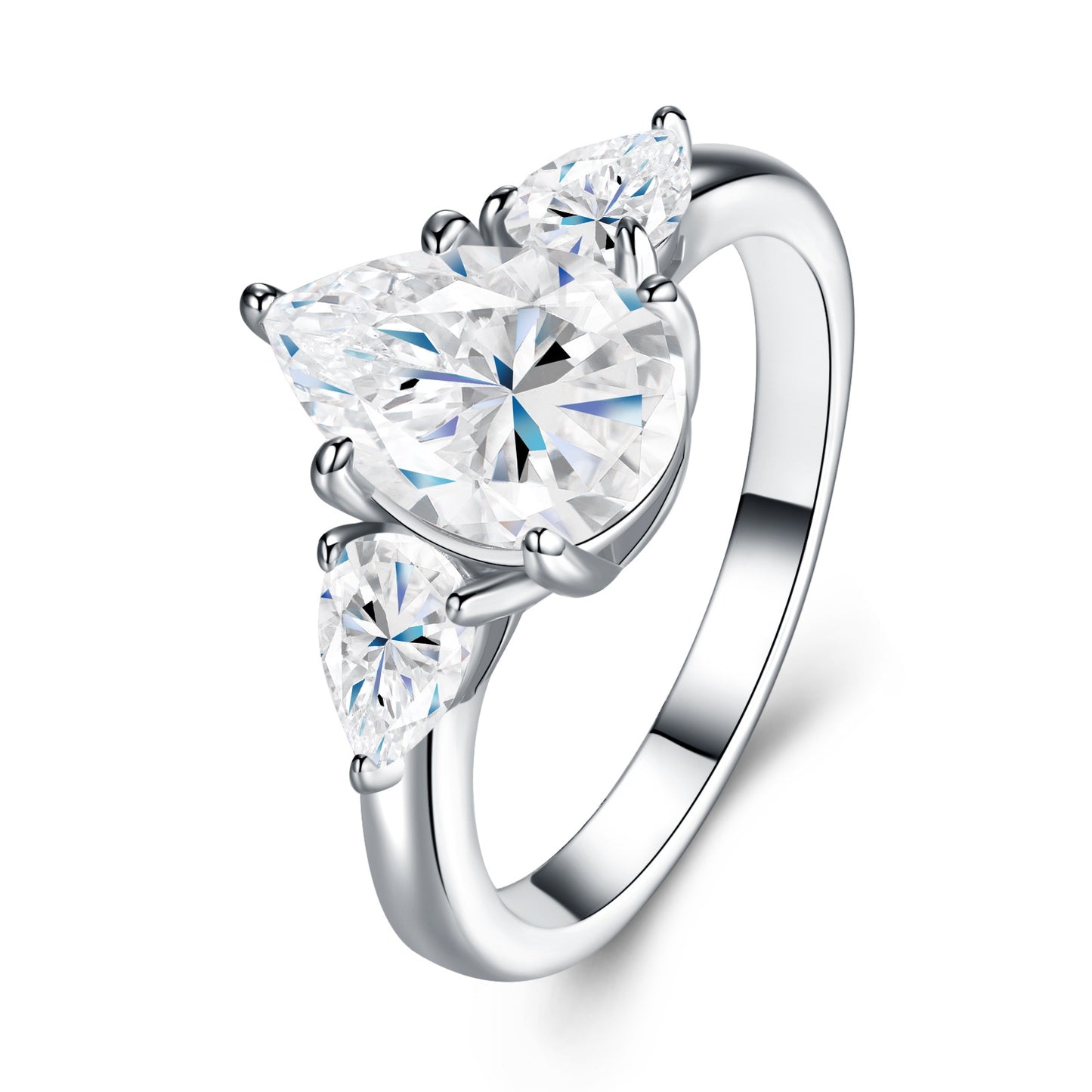 Silver 3CT pear cut moissanite engagement ring with matching pear side stones standing on display.