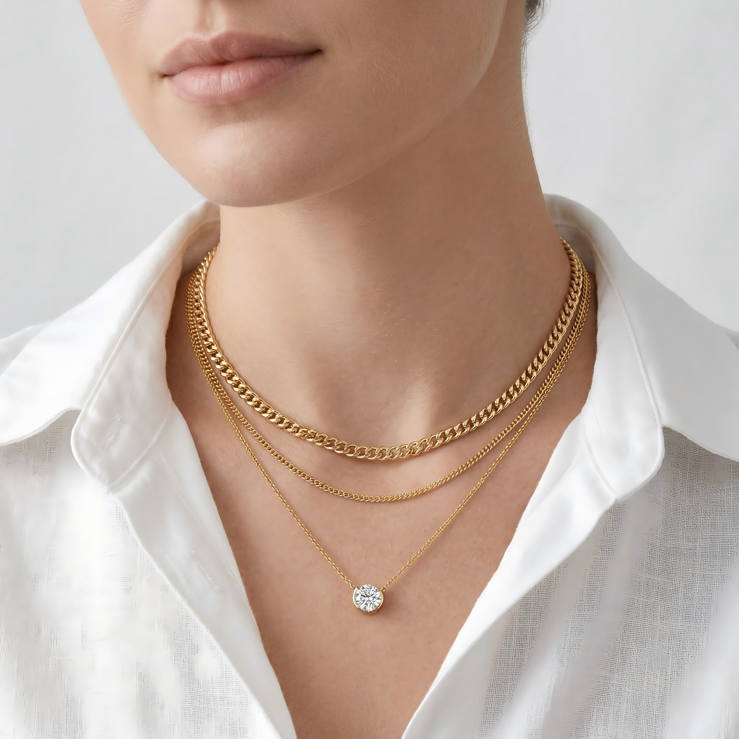 US female model, white linen shirt, focus on neck, lips & jaw only, soft high-key light, clean grey-white background, minimal shadow, natural skin, sharp moissanite sparkle, ultra-detailed, 4K.