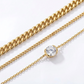 Macro, layered necklaces in 45° diagonal parallel layout, even spacing, mirror-polished gold, bright clean lighting, sharp stone brilliance, white textured background, soft shadow, ultra-detailed.