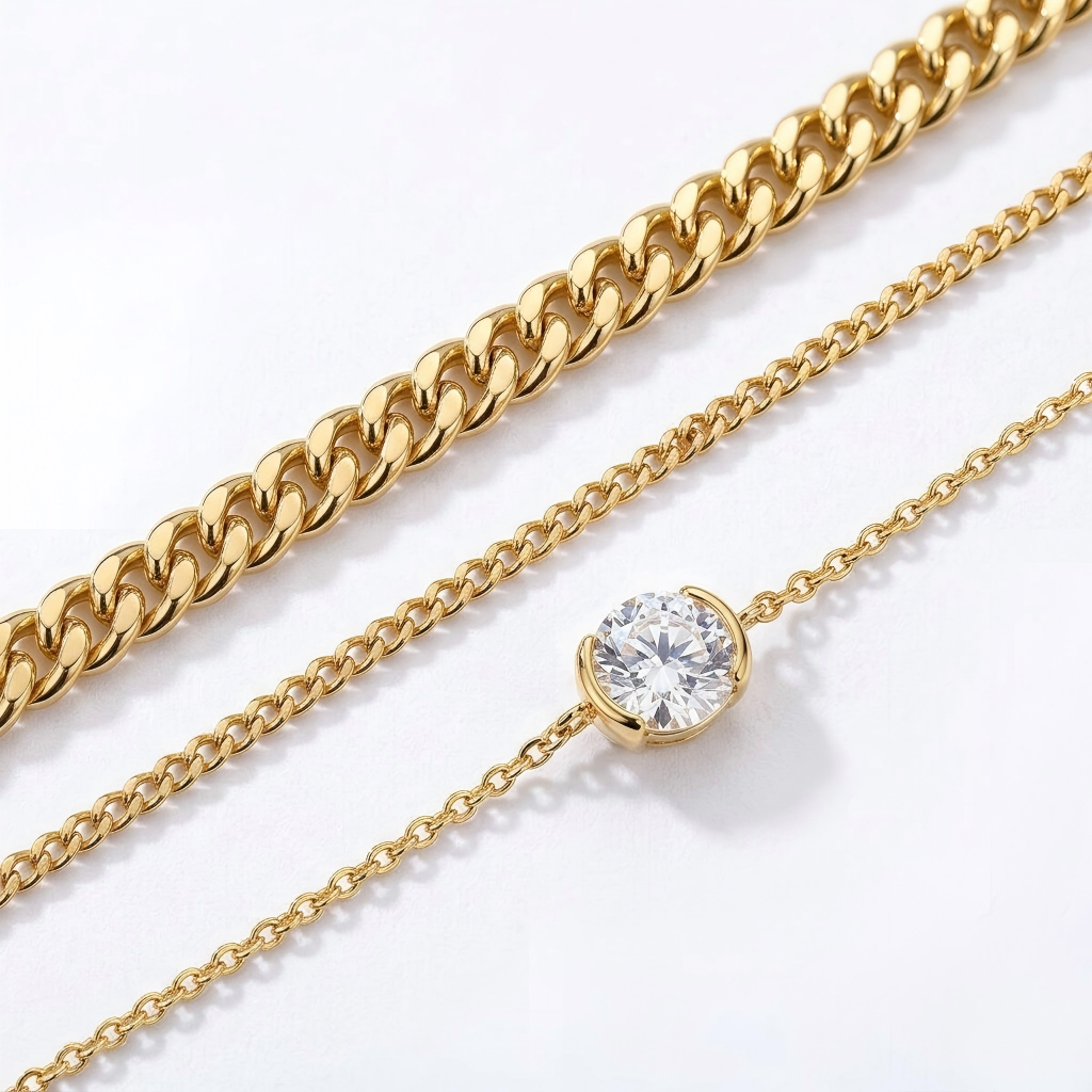 Macro, layered necklaces in 45° diagonal parallel layout, even spacing, mirror-polished gold, bright clean lighting, sharp stone brilliance, white textured background, soft shadow, ultra-detailed.