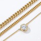 Macro, layered necklaces in 45° diagonal parallel layout, even spacing, mirror-polished gold, bright clean lighting, sharp stone brilliance, white textured background, soft shadow, ultra-detailed.