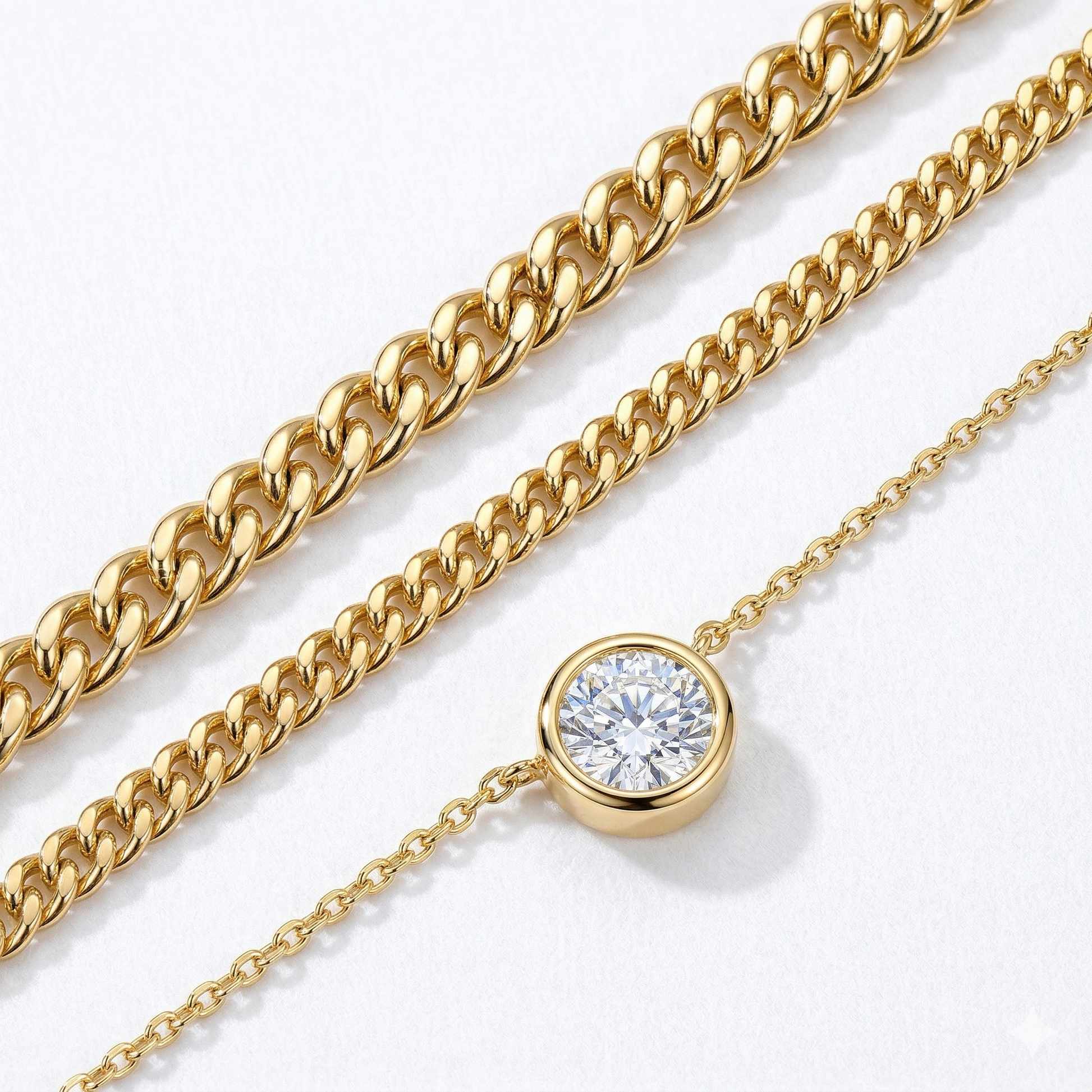 Macro, layered necklaces in 45° diagonal parallel layout, even spacing, mirror-polished gold, bright clean lighting, sharp stone brilliance, white textured background, soft shadow, ultra-detailed.