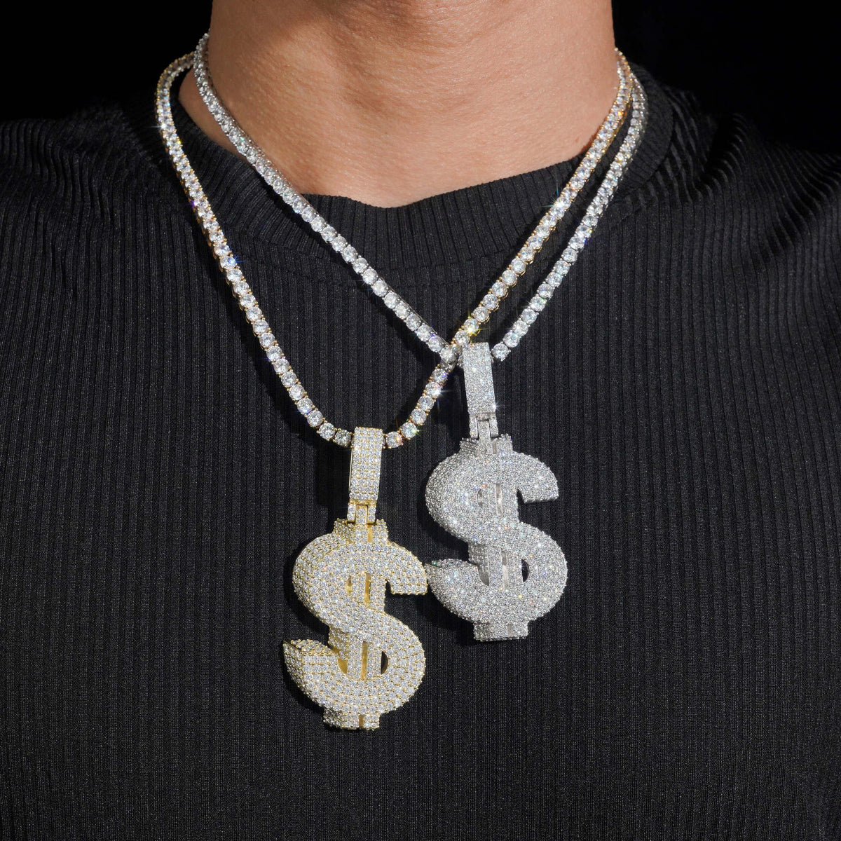Model wearing gold and silver S925 iced out moissanite 3D dollar sign pendant necklaces on tennis chains   